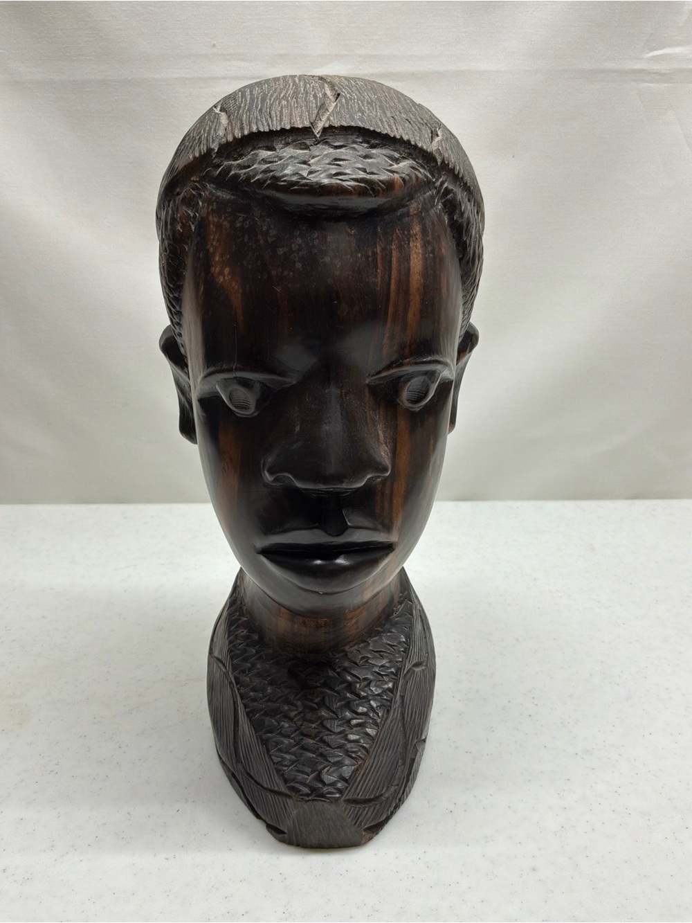 Vintage African Hand Carved Ebony Wood Sculpture  Male Head Bust 10'' Tall